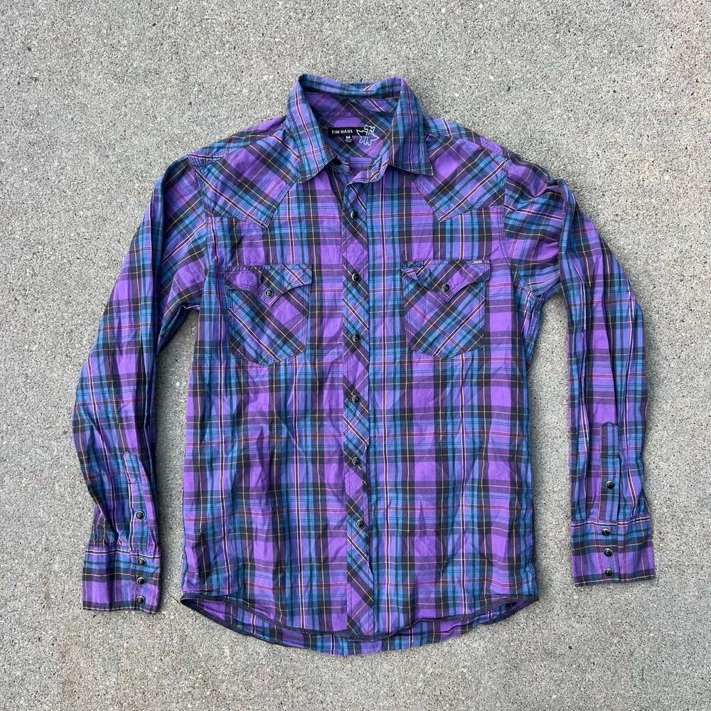 Tin Haul Purple Blue Plaid Snap Long Sleeve Western Cowboy Shirt MEDIUM